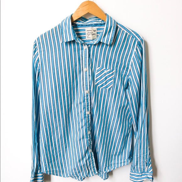 American Eagle Blue & White Striped Button Up Top - Picture 2 of 6